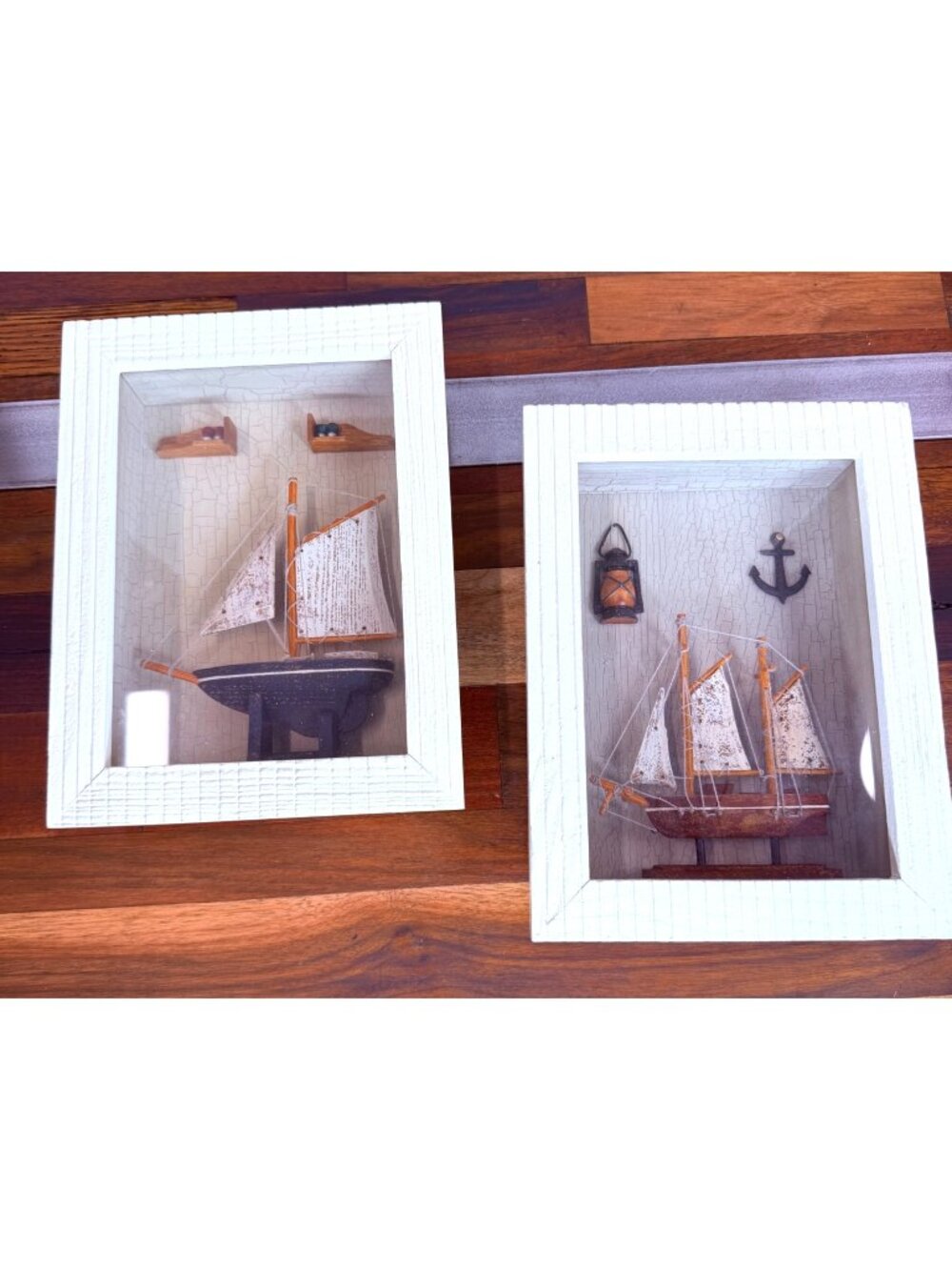 Vintage Nautical Shadow Box Wall Decor Set - White Wood Frames (Set of 2)